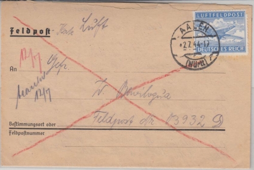 DR - Luftfeldpost dst. Zulassungsmarke Aalen - FpNr. 03932D 2.7.44 Faltbrief