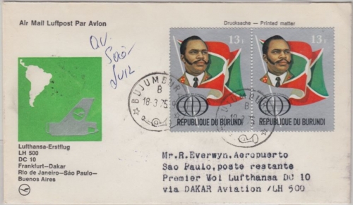Burundi - 2x13 F. 10 J. Unabhängigkeit Luftpost Drucksache Bujumbura 1975