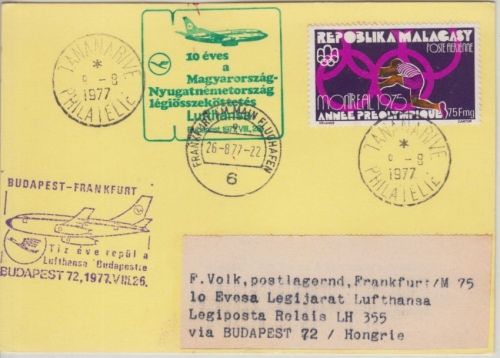 Madagaskar - 75 F Hürdenläufer Luftpostkarte Tananarive 1977 Zuleitungspost