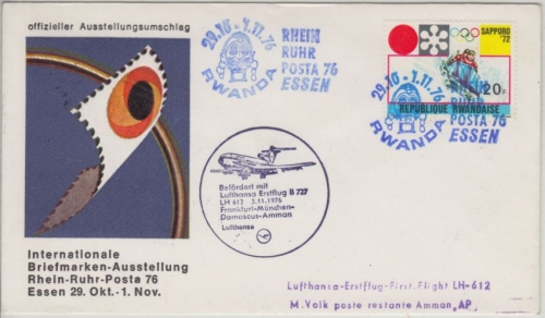 Ruanda - 20 Fr. Olympiade 1972 Zweierbob Zuleitungspost Luftpostbrief ab Essen