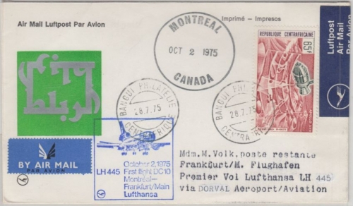 Zentralafrika - 65 F Apollo 17 Zuleitungspost Lupo-Brief Bangui 1975 LH-1st-Flug