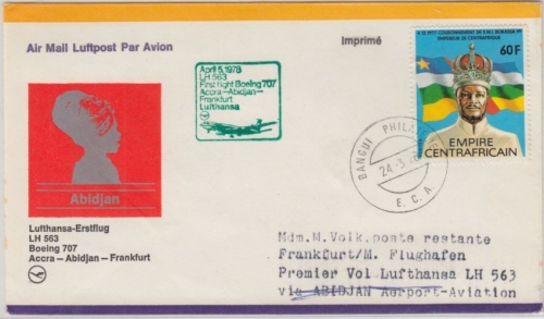 Zentralafrika - 40 F. Krönung Block !! Zuleitungspost Luftpostbrief Bangui 1978