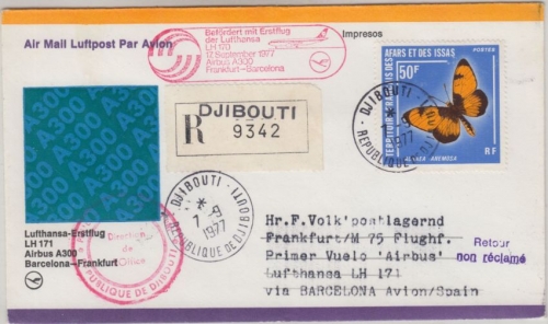 Afar u Issa - 50 F. Schmetterling Zuleitungspost Lupo-Einschreiben Djibouti 1977