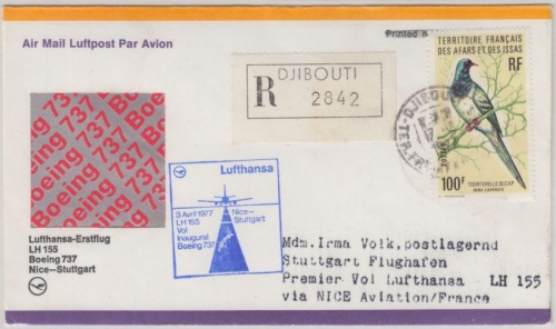 Afar u Issa - 100 F. Vögel Zuleitungspost Lupo-Einschreiben Djibouti 1977
