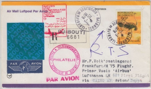 Djibuti - 90 F. Vogel Strauss Zuleitungspost Lupo-Einschreiben Djibouti 1978