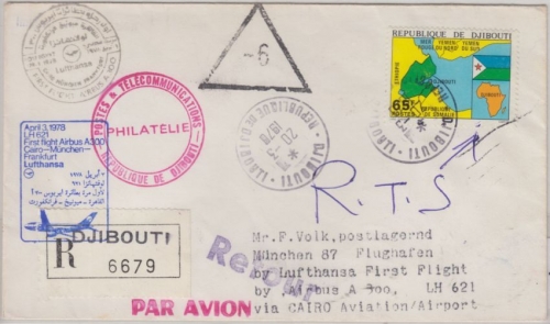 Djibuti - 65 F. Unabhängigkeit Zuleitungspost Lupo-Einschreiben Djibouti 1978
