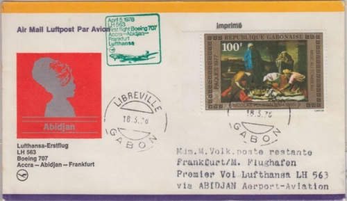 Gabun - 100 F. Ostern Zuleitungspost Luftpostbrief Libreville 1978 LH 1st-Flug