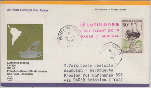 Niger - 60 F. Vogel Strauss Zuleitungspost Luftpostbrief Niamey 1975 1st-Flug