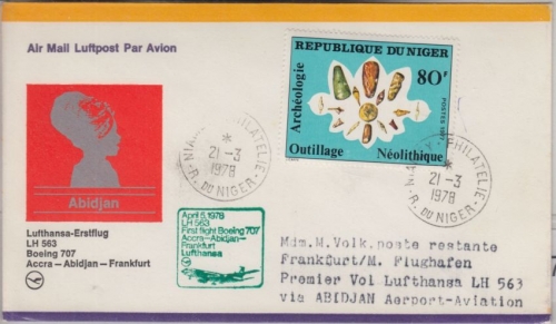 Niger - 80 F. Archäologie Zuleitungspost Luftpostbrief Niamey 1978 Erstflug