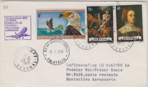 Senegal - 5 F Fischadler u.a Zuleitungspost Luftpostbrief Dakar 1977 LH-1st-Flug
