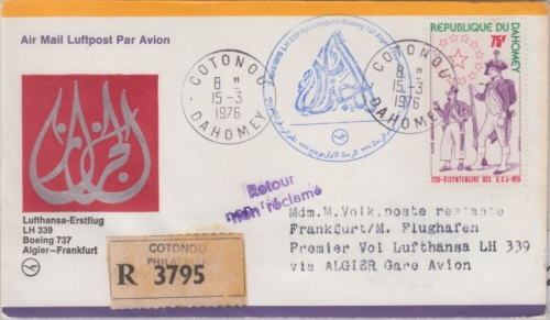 Dahomey - 75 F. 200 J. USA Zuleitungspost Lupo-Brief Einschreiben Cotonou 1976