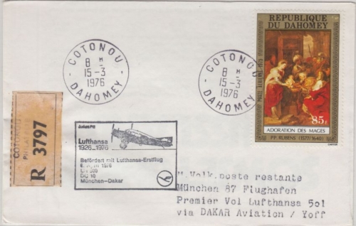 Dahomey - 85 F. Weihnachten Zuleitungspost Lupo-Brief Einschreiben Cotonou 1976