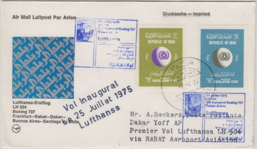 Iraq - 25+70 F. Weltbevölkerungsjahr Zuleitungspost LH 1st-Flug Bagdad 1975