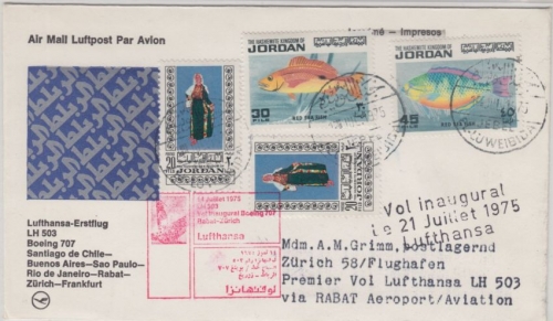 Jordanien - 45 F. Fische u.a. Zuleitungspost LH 1st-Flug Jebel el Luweibida 1975