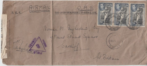 Ceylon - 3x20 C. Tee-Ernte Zensurbrief OAS APO 61/58 Field Censor India 1943