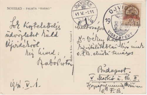 Ungarn - Ujviedk 1941 SST Ansichtskarte n. Budapest