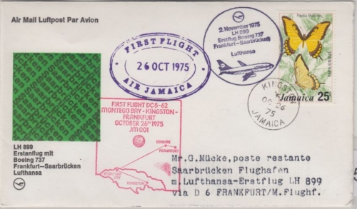 Jamaika - Doppel-Zuleitungspost Air Jamaica 1st-Flug/LH1st-Flug FFM Saarbrücken