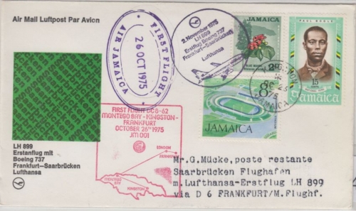 Jamaika - Zuleitungspost Air Jamaica 1st-Flug a. LH1st-Flug FFM Saarbrücken 1975
