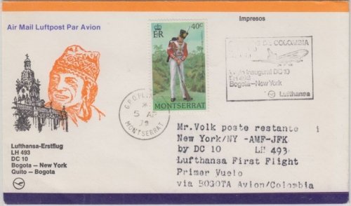 Monserrat - Zuleitungspost LH 1st-Flug Bogota New York 1979 40 C. Uniform