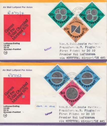Monserrat - Lokale Münzen 1975 Satz 2 Luftpostbriefe geplante Zuleitungspost