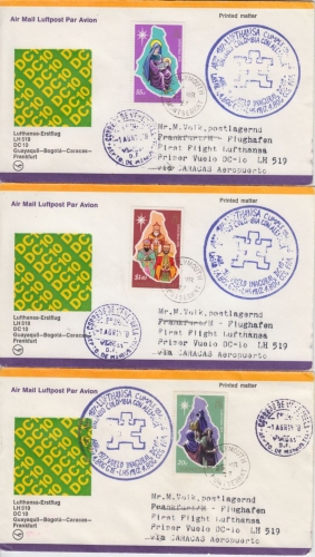 Monserrat - Weihnachten 1976 3 Werte/3 Luftpostbriefe Zuleitungspost LH-1st-Flug