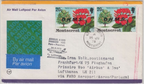 Monserrat - 2x20 C. OHMS Dienstmarken Zuleitungspost LH-1st-Flug Faro FFM 1979