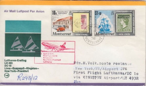Monserrat - Zuleitungspost LH-1st-Flug Kingston New York/JFK 1976