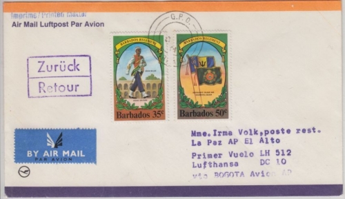 Barbados - 35+50 C. Barbados Regiment Luftpostbrief geplante Zuleitungspost 1981