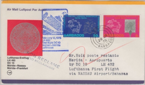 Barbados - Zuleitungspost Lufthansa 1st-Flug Nassau - Merida 1975 100 J. UPU