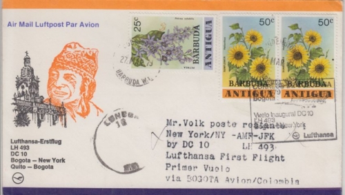 Antigua Barbuda - Zuleitungspost LH 1st-Flug Bogota - New York/JFK 1978
