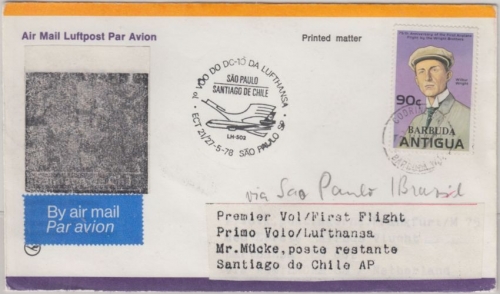 Antigua Barbuda - Zuleitungspost LH 1st-Flug Sao Paulo - Santiago 1978 Wright