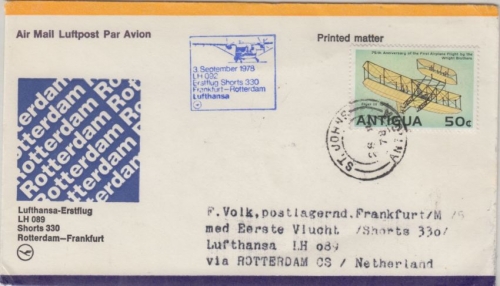 Antigua - Zuleitungspost LH 1st-Flug Frankfurt - Rotterdam 1978 Gebr. Wright