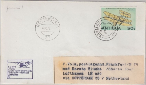 Antigua - Zuleitungspost LH 1st-Flug Rotterdam - Frankfurt 1978 Gebr. Wright