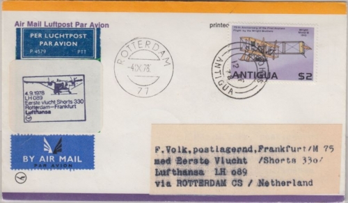 Antigua - Zuleitungspost LH 1st-Flug Rotterdam - Frankfurt 1978 2 $ Gebr. Wright