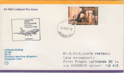 Barbuda - Zuleitungspost LH 1st-Flug Kingston - Lima 1976 2$ USA Unabhängigkeit