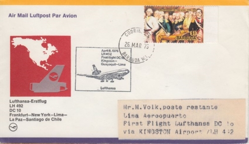 Barbuda - Zuleitungspost LH 1st-Flug Kingston - Lima 1976 1$ USA Unabhängigkeit
