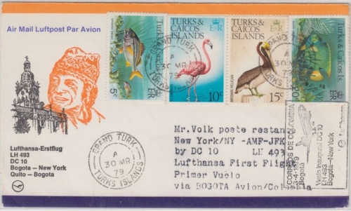 Turks & Caicos Islands - Zuleitungspost LH 1st-Flug Bogota - New York/JFK 1979