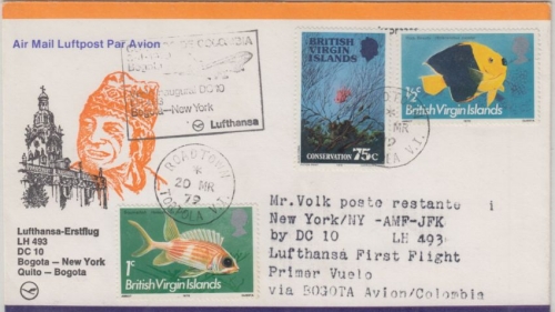 British Virgin Islands - Zuleitungspost LH 1st-Flug Bogota - New York/JFK 1979