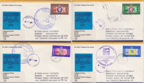 St. Lucia - Zuleitungspost LH 1st-Flug Caracas - Guayaquil/Bogota 1977 4 Briefe