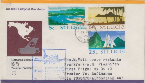 St. Lucia - Zuleitungspost LH 1st-Flug Toronto FFM 1975 Freimarkenausgabe