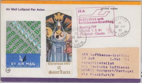 St. Lucia - Zuleitungspost LH 1st-Flug Frankfurt - Oporto 1981 1$ Weihnachten