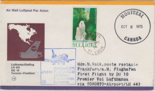 St. Lucia - Zuleitungspost LH 1st-Flug Toronto - Frankfurt 1981 50 C. Wasserfall