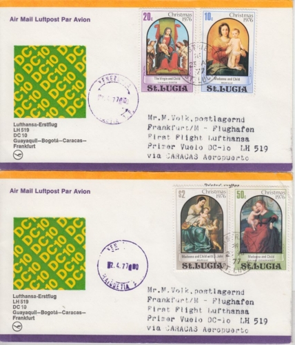 St. Lucia - Weihnachten Christmas 1976 2 Luftpostbriefe Castries 1977
