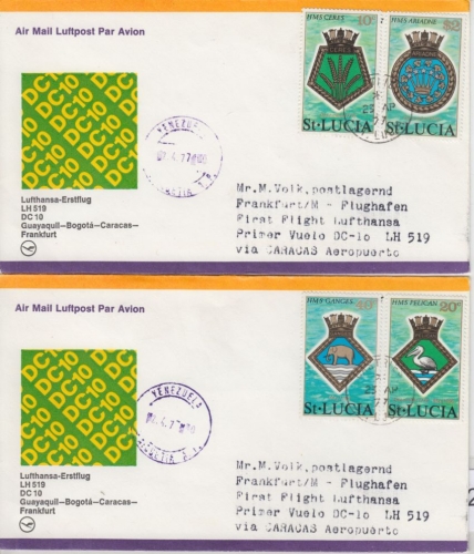 St. Lucia - Schiffswappen Royal Navy Satz 2 Luftpostbriefe Castries 1977