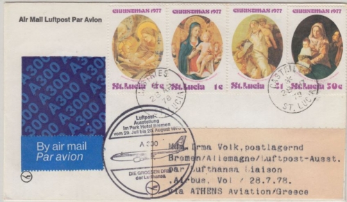 St. Lucia - Zuleitungspost LH 1st-Flug Athen - Bremen 1978 Weihnachten