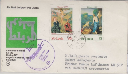 St. Lucia - Zuleitungspost LH 1st-Flug Caracas - Rabat 1975 Ostern