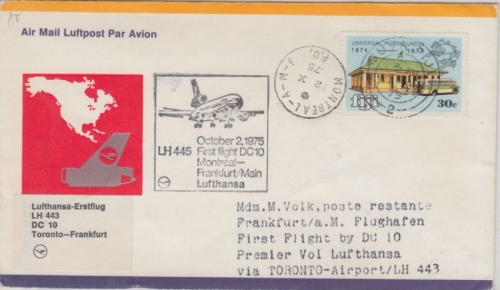 Fiji - Zuleitungspost Lufthansa 1st-Flug Toronto Frankfurt 1975 30 C. 100 J. UPU