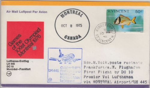 St. Vincent - Zuleitungspost LH 1st-Flug Montreal - Frankfurt 1975 50 C. Fisch