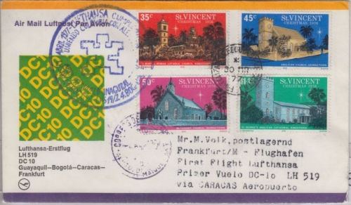 St. Vincent - Zuleitungspost LH 1st-Flug Caracas - Frankfurt 1977 Weihnachten