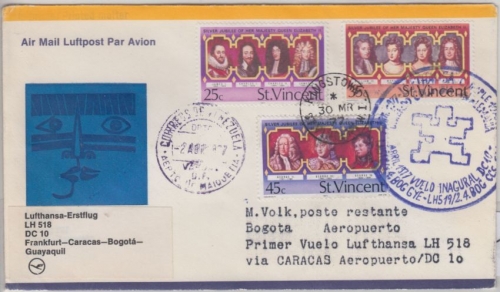 St. Vincent - Zuleitungspost LH 1st-Flug Caracas - Bogota 1977 Coronation